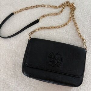 Tory Burch Mini Bombe Bag Black Pebble Leather Gold Chain Crossbody